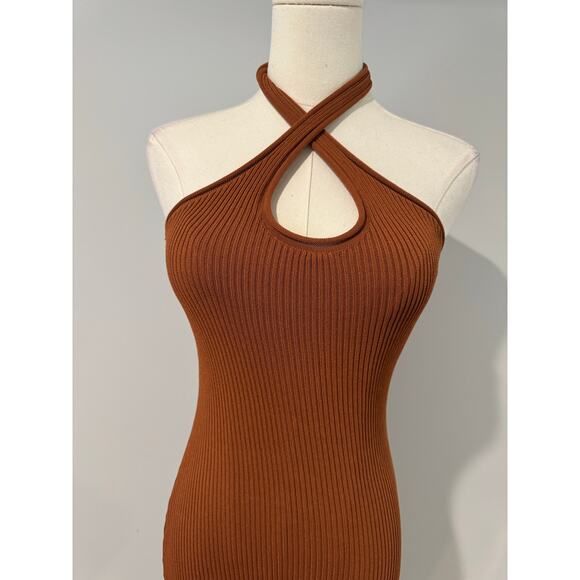 DISSH Toni Halter Dress Brown Keyhole Ribbed Knit Keyhole Maxi Size Small - Picture 5 of 7